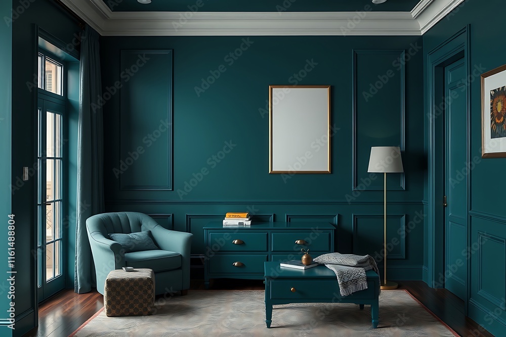 Fototapeta premium Teal Haven: A serene and sophisticated living room interior design featuring a statement teal wall, plush armchair, and a sleek coffee table, creating a calming and inviting atmosphere. 