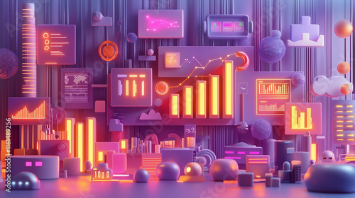 A vibrant 3D rendering showcases futuristic data visualization. Neon charts, graphs, and digital elements create a dynamic techbusiness landscape. Abstract shapes and robots add to the surreal scene