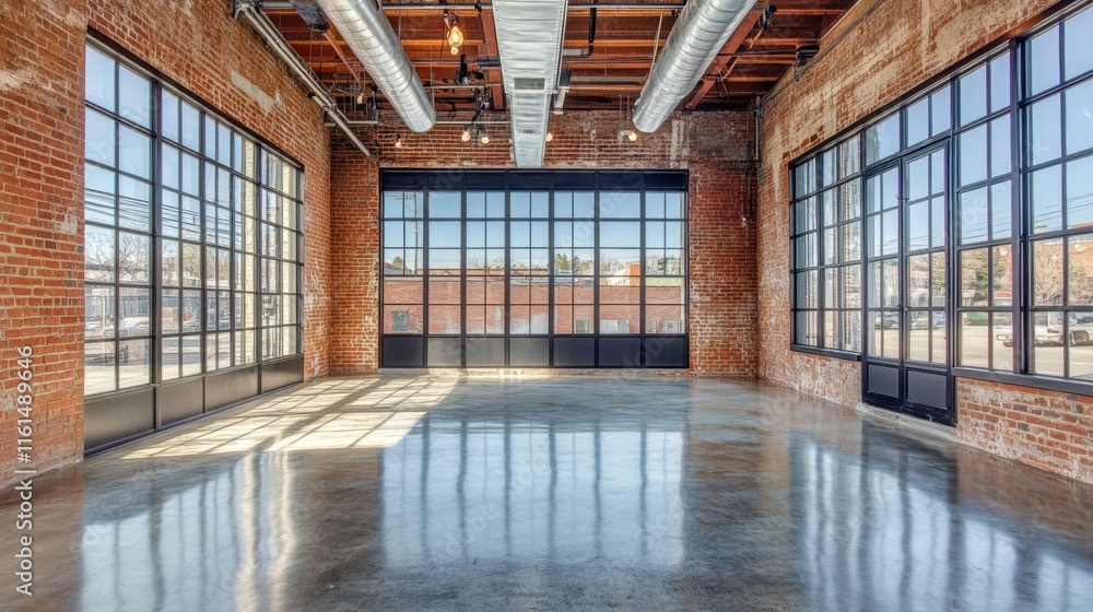 A large room with a lot of windows and a shiny floor. The floor is made of concrete A large room with a lot of windows and a shiny floor. The floor is made of concrete
