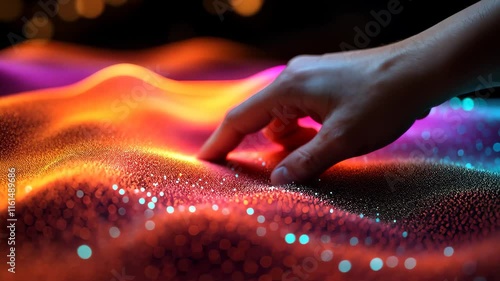 Interactive touch experience with glowing data wave particles, Hand touching luminous energy waves in tactile sensory hologram immersive experience
