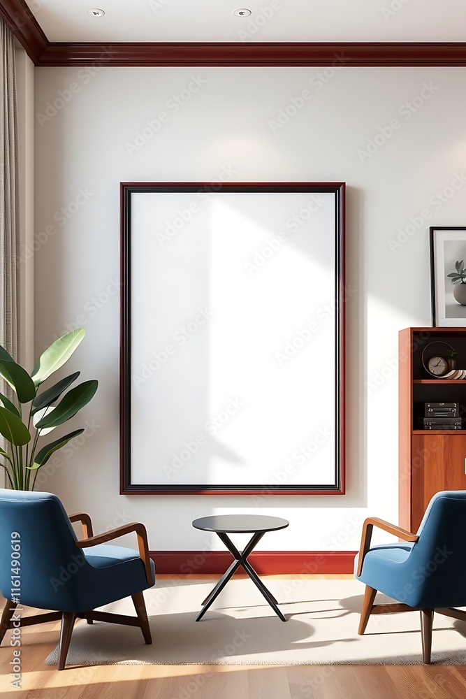 Elegant Living Room Mockup: A sleek and inviting living room with two plush blue armchairs surrounding a round coffee table, a large framed canvas mockup ready to display your artwork or design. Elegant Living Room Mockup: A sleek and inviting living room with two plush blue armchairs surrounding a round coffee table, a large framed canvas mockup ready to display your artwork or design.