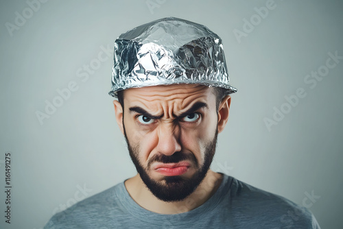 Man wearing tinfoil hat with skeptical expression. A man wearing a tinfoil hat looks intensely skeptical, embodying themes of conspiracy theories, personal protection, and questioning authority photo