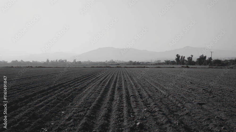 Obraz premium Monochrome view of plowed farmland stretching to distant hazy mountains.