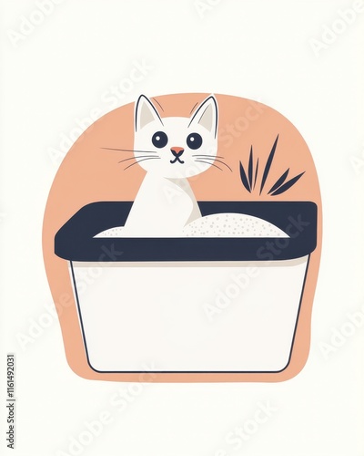 A cute white cat playfully peeks out of a litter box, surrounded by a soft pastel background. photo