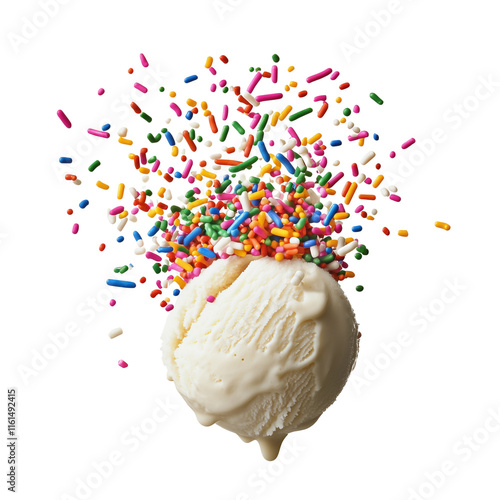 A scoop of creamy vanilla ice cream topped with vibrant rainbow sprinkles, creating a playful and delicious dessert