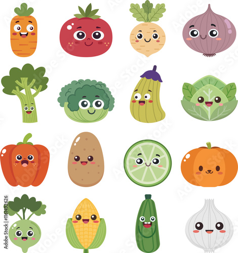 Funny cute vegetables characters set, Cute cartoon happy vegetables, Colorful Kawaii vegetables  With Smiling Faces , Vector illustrator