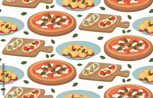 Seamless pattern with different dishes of Italian cuisine and basil leaves. Background with pizza, ravioli, bruschetta with mushrooms and tomatoes