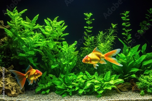 Two vibrant goldfish swim among lush green aquatic plants in a tranquil aquarium setting. photo