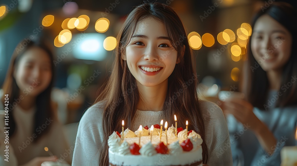 Birthday Cake with Lit Candles and Festive Bokeh Birthday Cake with Lit Candles and Festive Bokeh