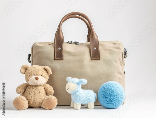 Beige canvas bag with leather handles and adorable plush toys for kids.