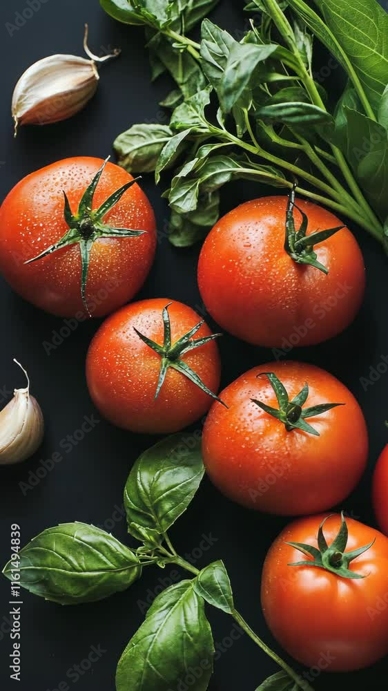 Fresh tomatoes and basil arranged with garlic on a dark surface highlighting natural ingredients for cooking