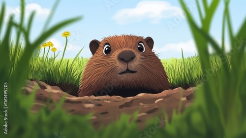 Wallpaper Mural Cute cartoon marmot looking from hole in ground. Groundhog Day Torontodigital.ca