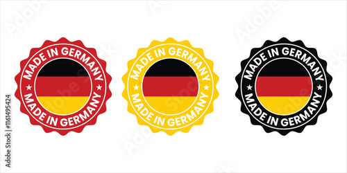 Circular Made in Germany badge with bold German flag elements. Perfect for branding, labeling, and packaging to promote authentic German-made products, quality assurance, and national identity.