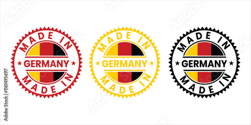 Made in Germany label design featuring vibrant flag elements. Ideal for branding, quality product packaging, and authentic German manufacturing promotion.