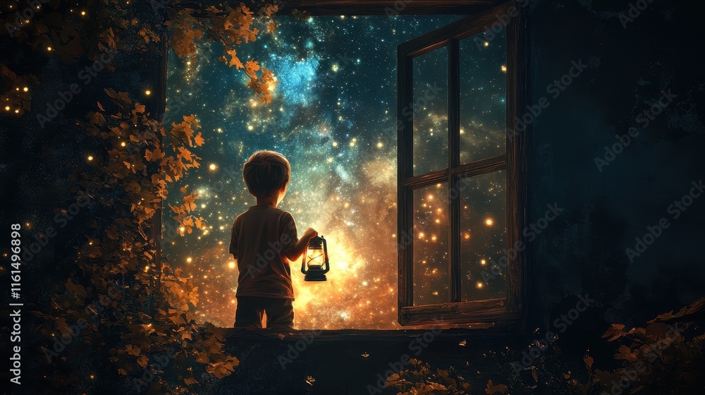 fantasy scene of the kid holding a lantern and looking at the stars-dimensional window, digital art style, illustration painting fantasy scene of the kid holding a lantern and looking at the stars-dimensional window, digital art style, illustration painting