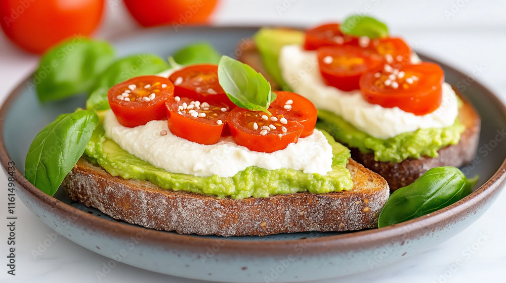 Deliciously crafted avocado toast topped with cherry tomatoes and fresh basil on a rustic plate Deliciously crafted avocado toast topped with cherry tomatoes and fresh basil on a rustic plate