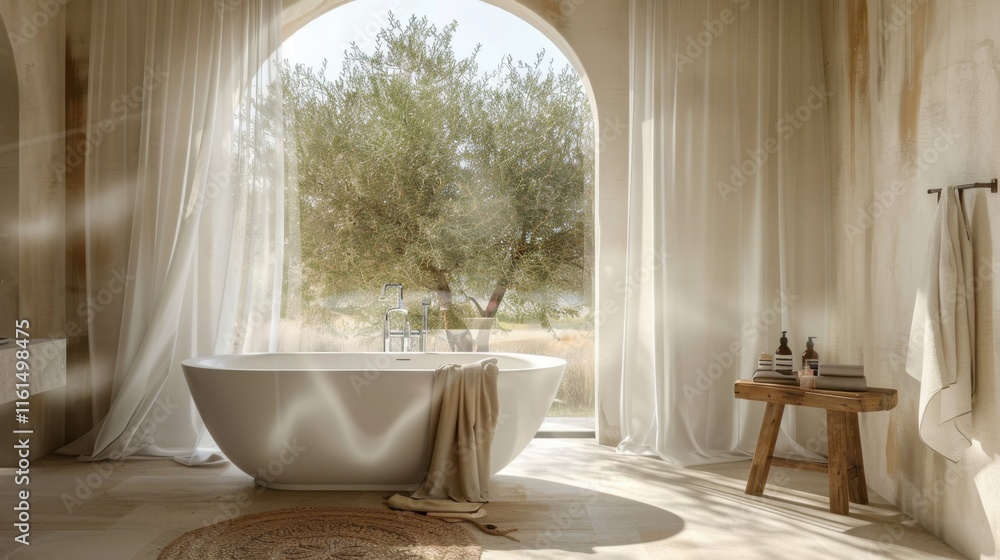 A bathtub with a towel draped over it. A wooden bench is in front of the bathtub A bathtub with a towel draped over it. A wooden bench is in front of the bathtub