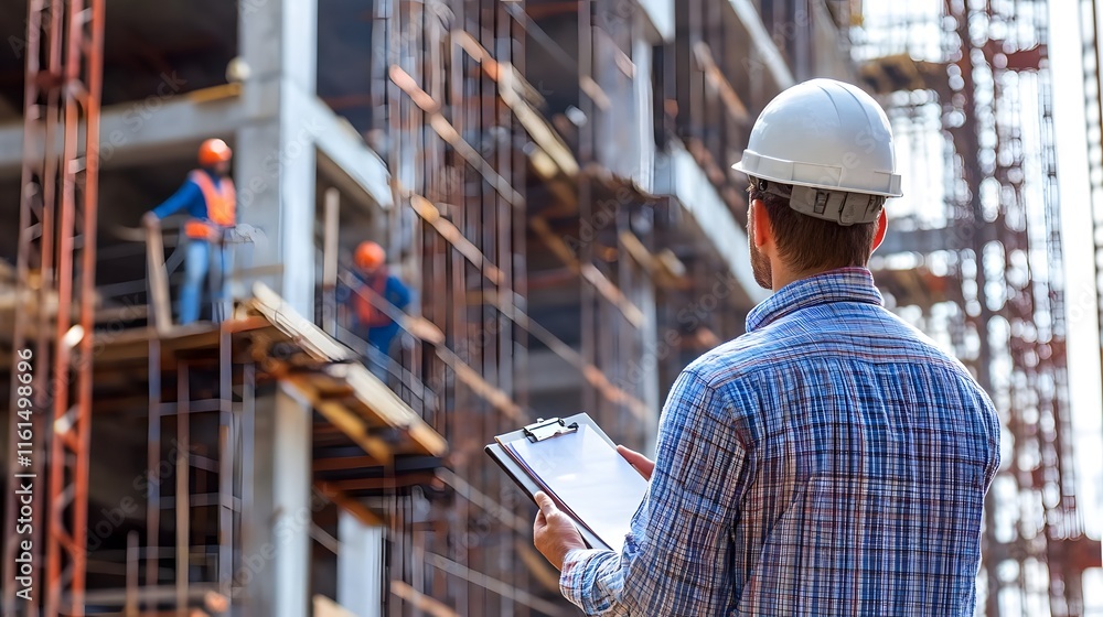 Construction site supervisor reviewing plans. Workers are visible in the background on scaffolding. High-rise building under construction. Construction site supervisor reviewing plans. Workers are visible in the background on scaffolding. High-rise building under construction.