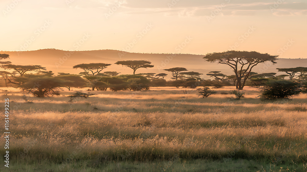 Golden Savanna at Dusk with Acacia Trees, Warm Sunset Light, and Distant Hills Softened by Heat Haze, Capturing Serenity and the Call of Wildlife Golden Savanna at Dusk with Acacia Trees, Warm Sunset Light, and Distant Hills Softened by Heat Haze, Capturing Serenity and the Call of Wildlife