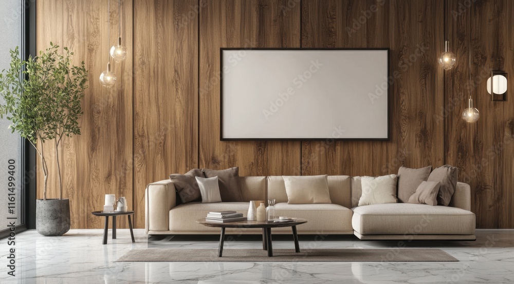 A living room with a white wall and a large couch. There is a potted plant in the room A living room with a white wall and a large couch. There is a potted plant in the room