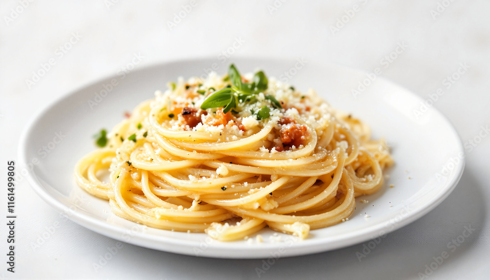 Delicious spaghetti with cheese and herbs on white plate Delicious spaghetti with cheese and herbs on white plate