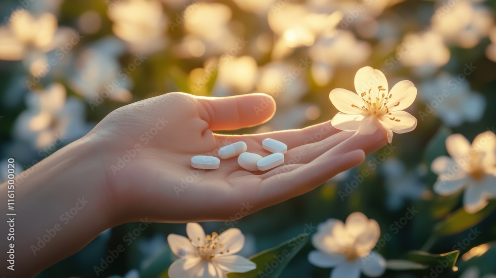 Hand Holding a Pill Toward White Flower