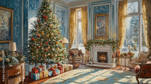 christmas tree and christmas decorations in the interior. christmas and new year decorations in the interior. new year 's christmas