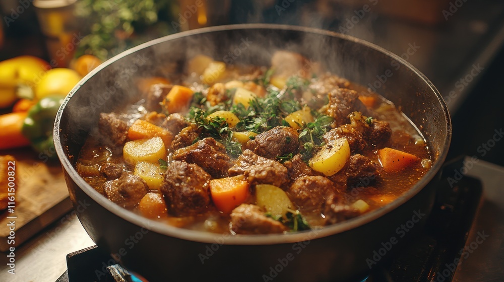 Hearty meat stew bubbling in a pot, with spices and vegetables on a rustic kitchen counter. Hearty meat stew bubbling in a pot, with spices and vegetables on a rustic kitchen counter.