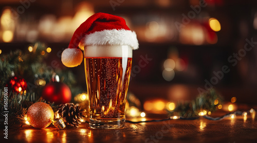 Close-up shot of full pilsner glass of pale lager beer or ale with Santa Claus or christmas red hat on top, wrapped in christmas lights and christmas baubles in background