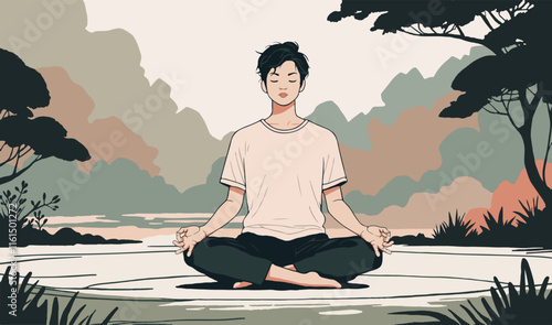 Korean man meditates in nature at the open air among trees and different plants.The young man practicing a meditation and yoga.Flat style.Vector illustration.Color version