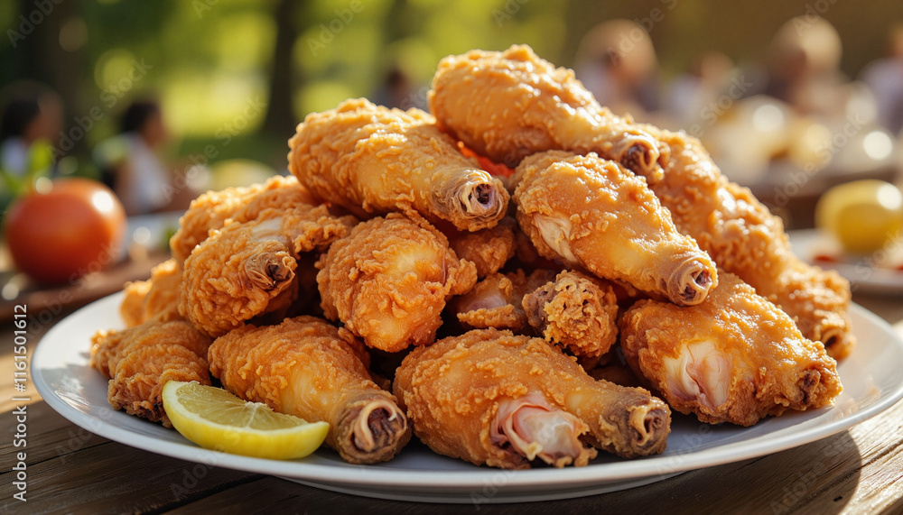 Plate of crispy fried chicken drumsticks with lemon slice Plate of crispy fried chicken drumsticks with lemon slice