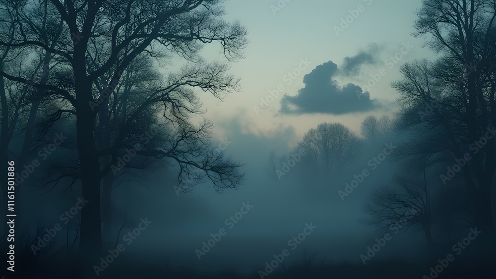 Obraz premium Mystical Misty Forest Evening, Silhouette Trees, Fog, Smoke, and Low Cloud