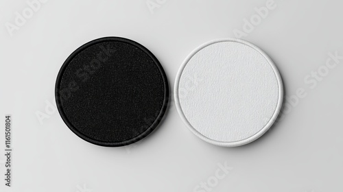 Top view, 3D rendering of a blank round embroidered patch in black and white. Mockup of an empty stitched sign for unity, isolated. Clear circle textile badge for protest template.