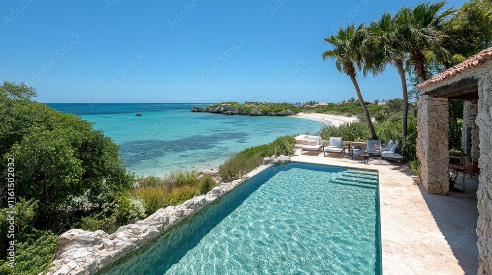 Fototapeta premium Scenic beachfront view featuring a pool and lush greenery.