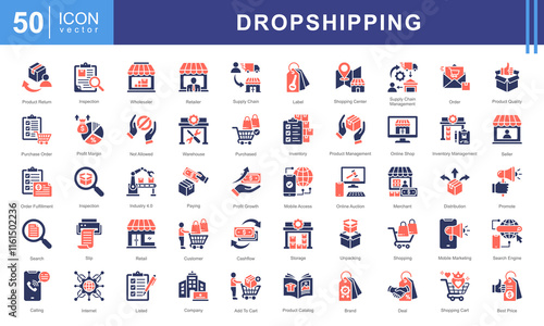 Dropshipping icon set. dropshipping icons such as warehouse, inventory, delivery, company, product management, retailer, shopping, purchase. simple vector illustration