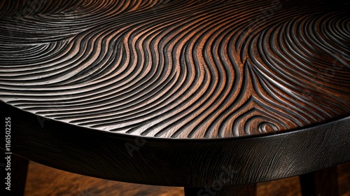 Close-up of dark wood table top with carved swirling pattern.