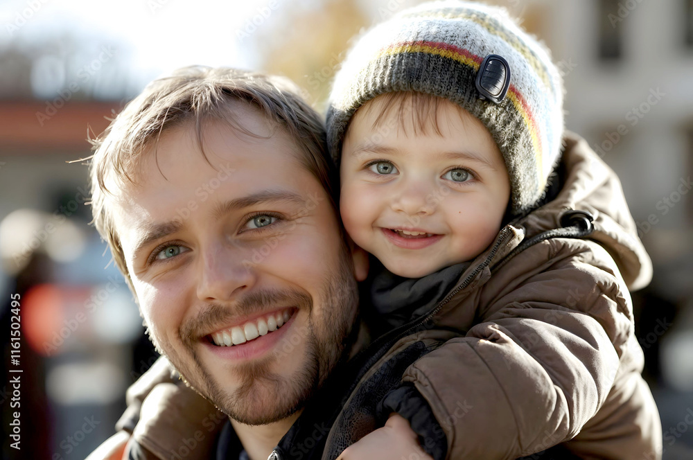 Father and child smiling warmly outdoors in cozy winter clothing, symbolizing family bonding, happiness, and parenthood, perfect for promoting themes of love, care, and childhood memories Father and child smiling warmly outdoors in cozy winter clothing, symbolizing family bonding, happiness, and parenthood, perfect for promoting themes of love, care, and childhood memories