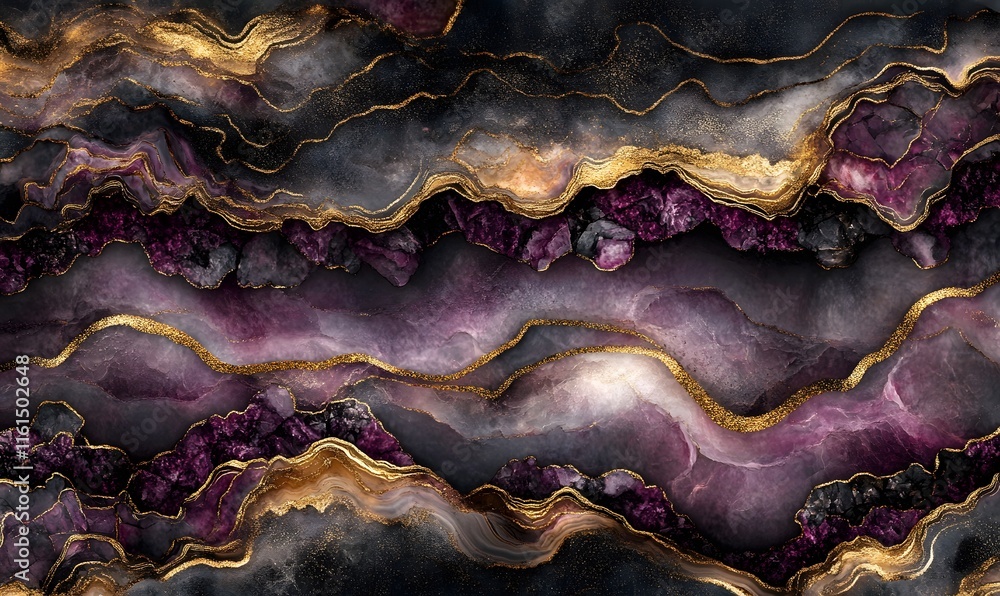 Abstract purple, gold, and black agate texture with crystals. Abstract purple, gold, and black agate texture with crystals.