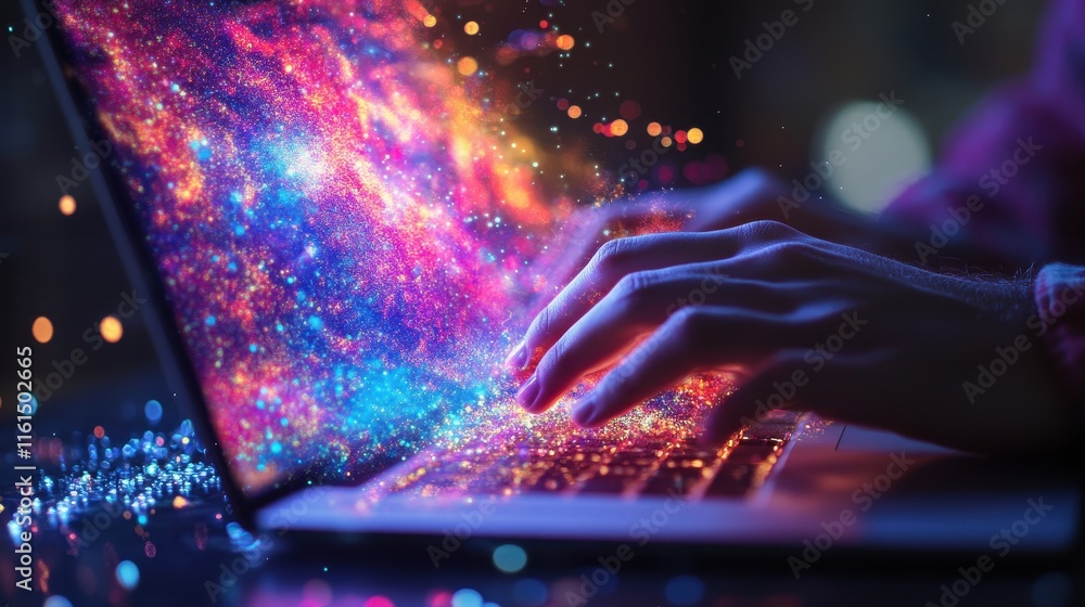 Man typing on laptop, cloud service hologram and devices sync Man typing on laptop, cloud service hologram and devices sync