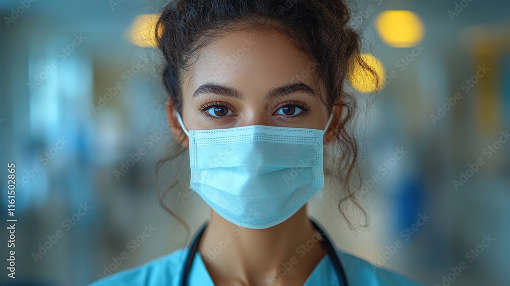 Portraits of nurses wearing protective masks and scrubs in a modern hospital setting, highlighting professionalism, dedication, and patient care in a clinical environment. Portraits of nurses wearing protective masks and scrubs in a modern hospital setting, highlighting professionalism, dedication, and patient care in a clinical environment.