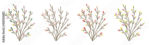colorful spring twigs set with swollen buds isolated on white background
