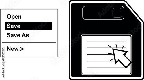 vector illustration black and white icon pop up menu contextual window with save options and a computer mouse clicking floppy disk