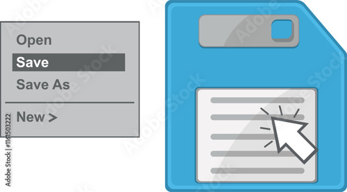 vector illustration pop up menu contextual window with save options and a computer mouse clicking floppy disk icon