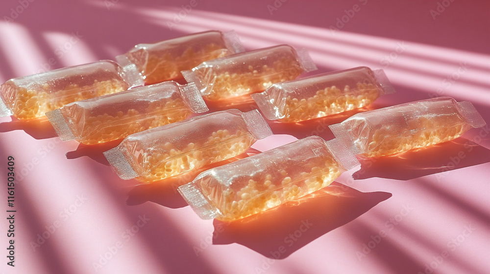 Single-use probiotic capsules arranged artistically on a soft pink background illuminated by gentle sunlight Single-use probiotic capsules arranged artistically on a soft pink background illuminated by gentle sunlight