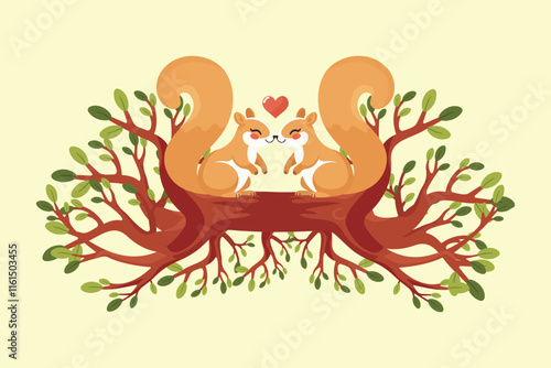 two cute squirrels in love on a tree branch flat vector illustration