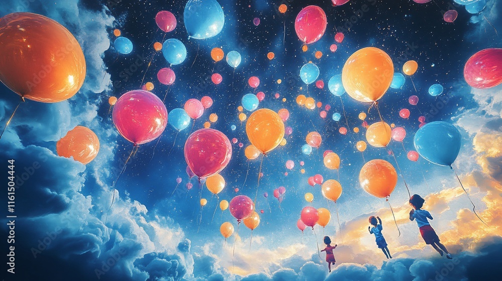 Colorful balloons float in a dreamy night sky, children fly amongst them. Colorful balloons float in a dreamy night sky, children fly amongst them.