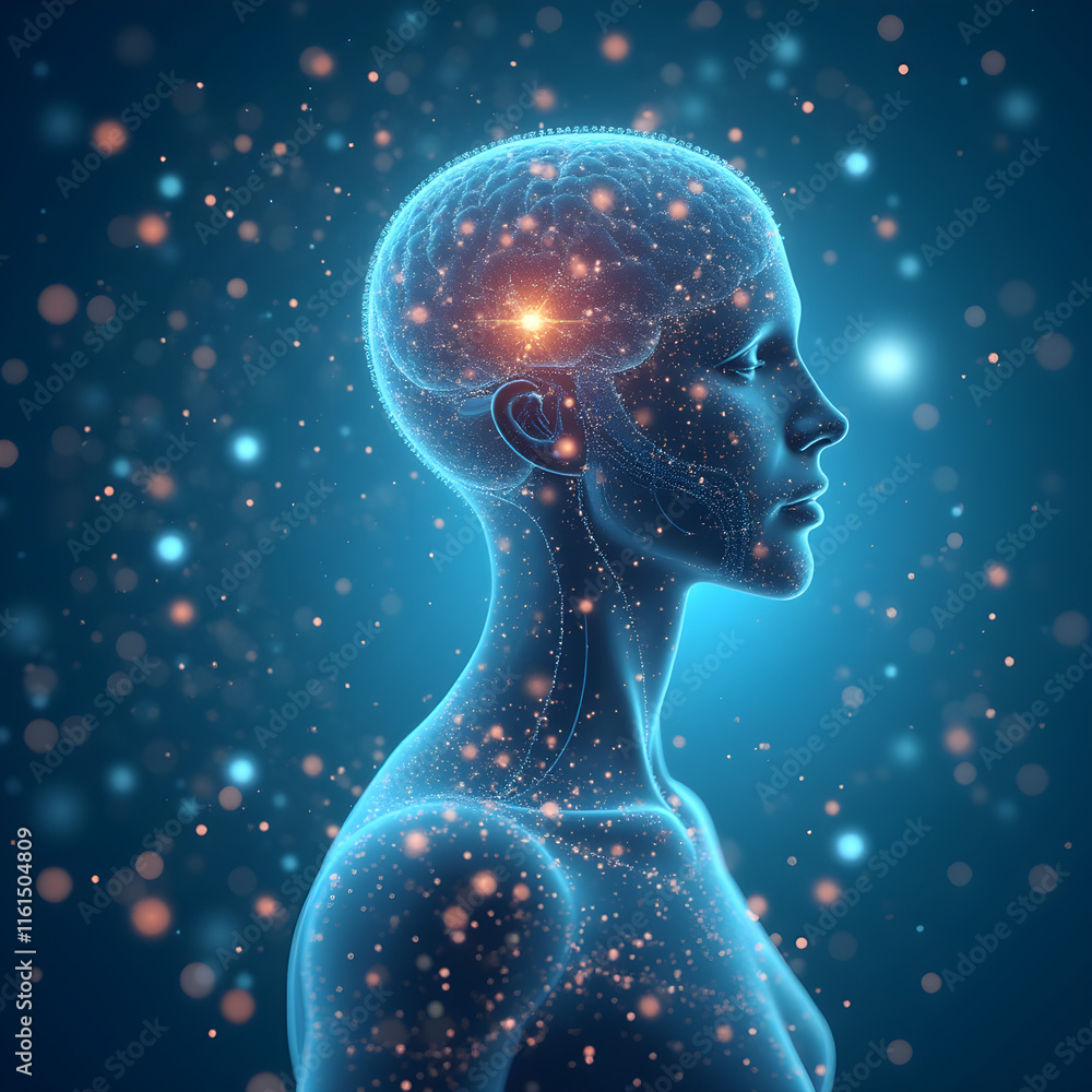 Ethereal human head illustration with glowing brain Ethereal human head illustration with glowing brain