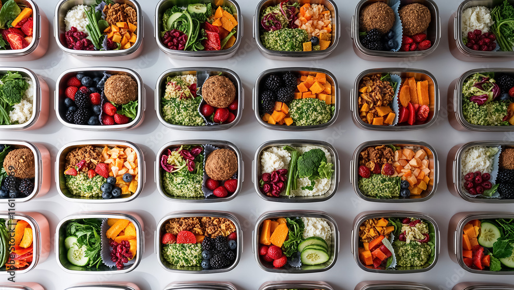 Lots of lunch boxes with fresh fruits and vegetables Lots of lunch boxes with fresh fruits and vegetables