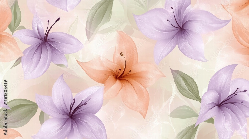 Obraz premium Delicate floral pattern featuring soft pastel flowers and leaves on a light background. Generative AI