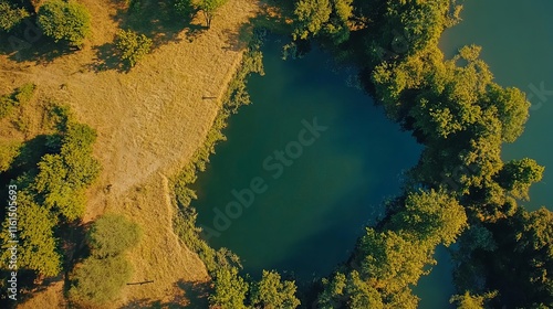 Land plot in aerial view. Find the vacant area's registration symbol on the map. That property is real estate for residential, commercial, or rental purposes, such as development, sale, rental, purch  photo